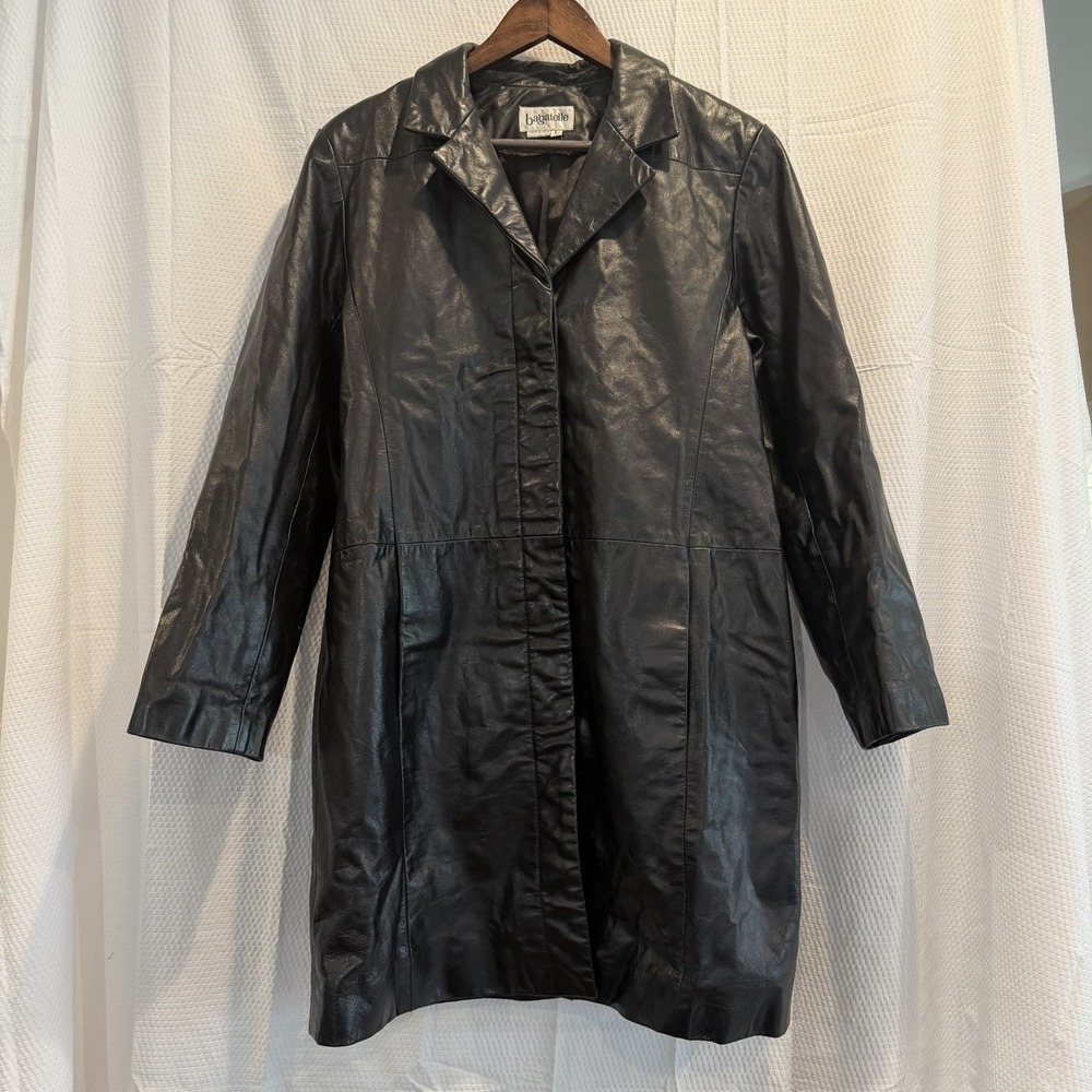 VTG Women's Black Real Leather Mid-Length Trench Coat Single Breasted Large READ